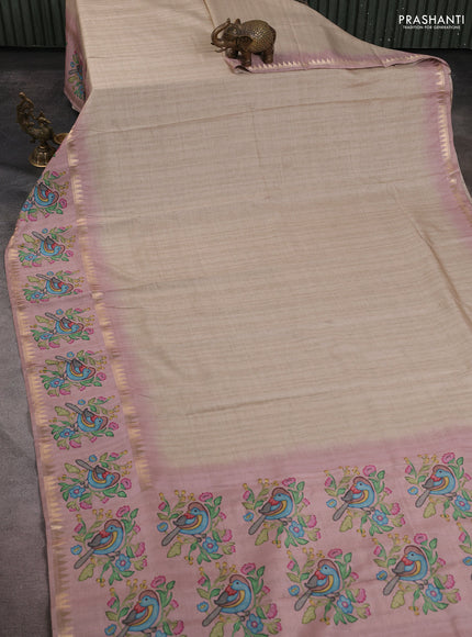Art tussar saree beige and pink with plain body and tanjore printed border