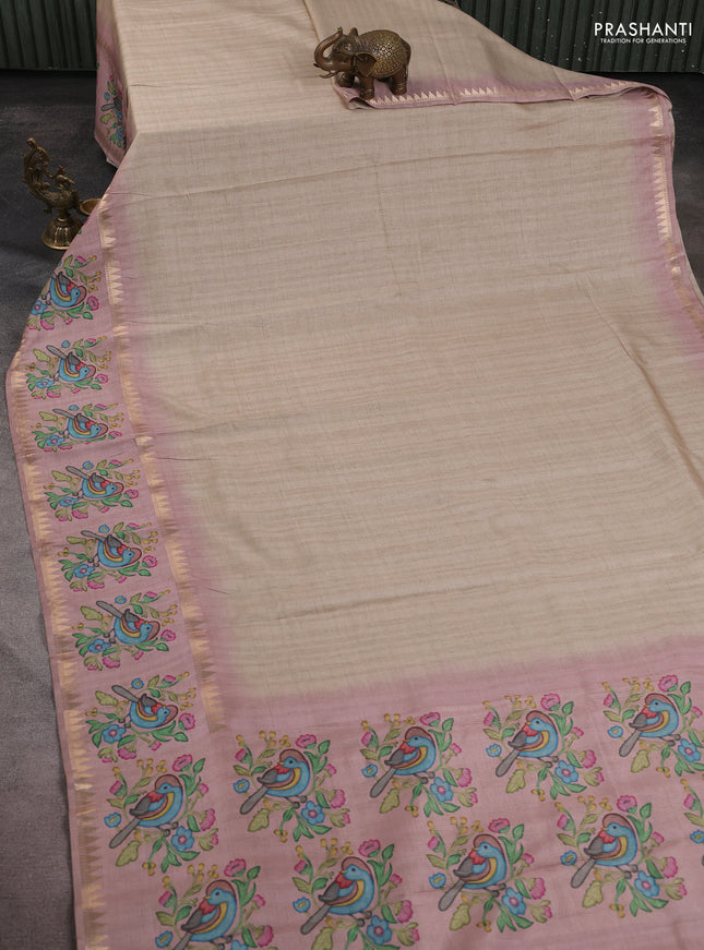 Art tussar saree beige and pink with plain body and tanjore printed border