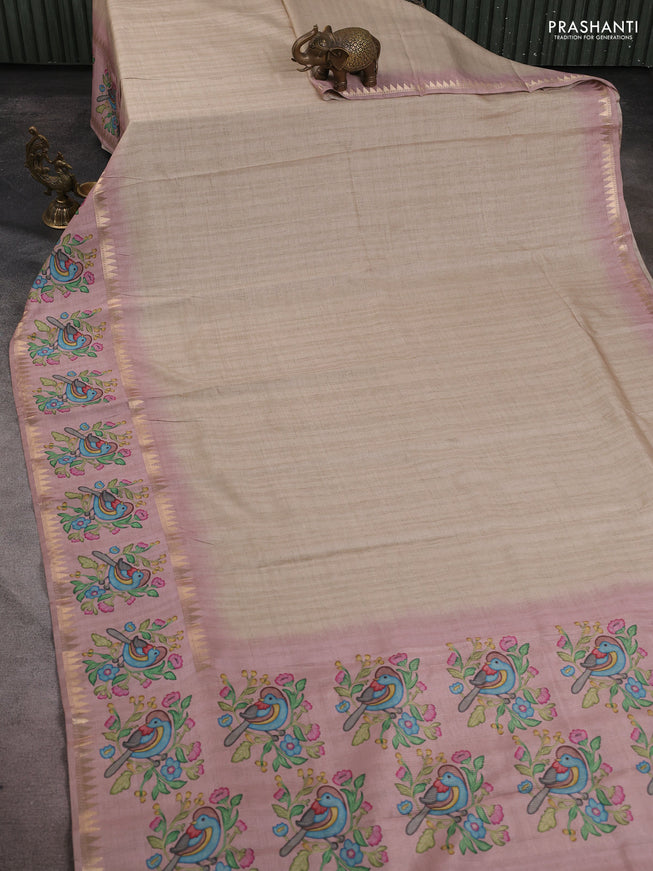 Art tussar saree beige and pink with plain body and tanjore printed border