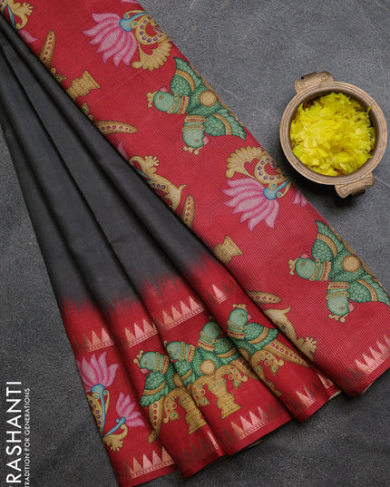 Art tussar saree dark grey and maroon with plain body and tanjore printed border