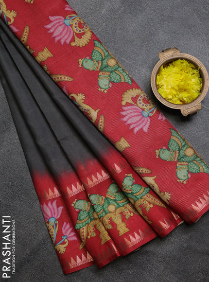 Art tussar saree dark grey and maroon with plain body and tanjore printed border