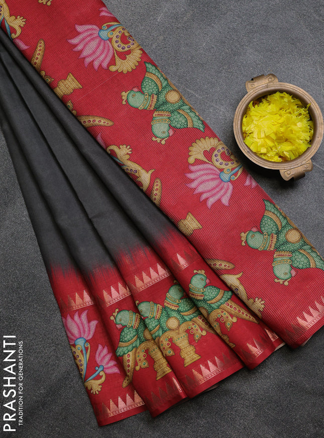 Art tussar saree dark grey and maroon with plain body and tanjore printed border