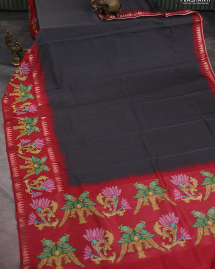 Art tussar saree dark grey and maroon with plain body and tanjore printed border