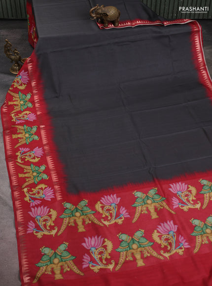 Art tussar saree dark grey and maroon with plain body and tanjore printed border
