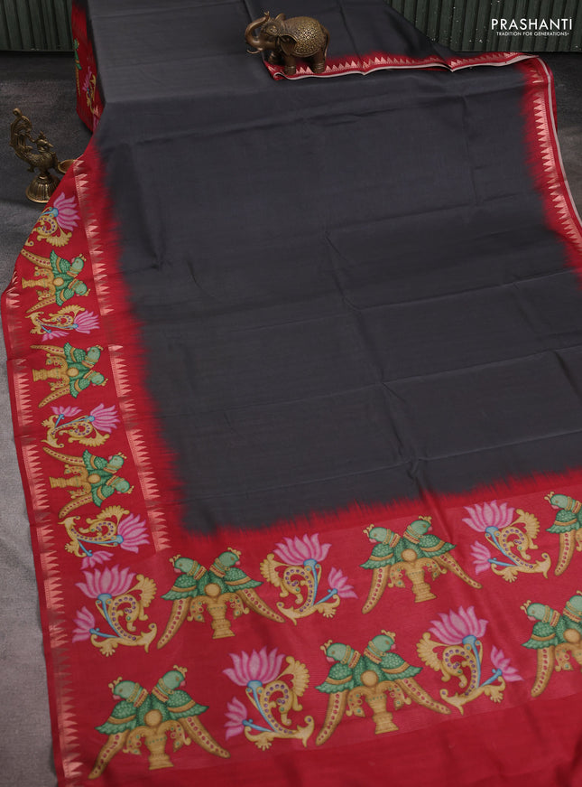 Art tussar saree dark grey and maroon with plain body and tanjore printed border