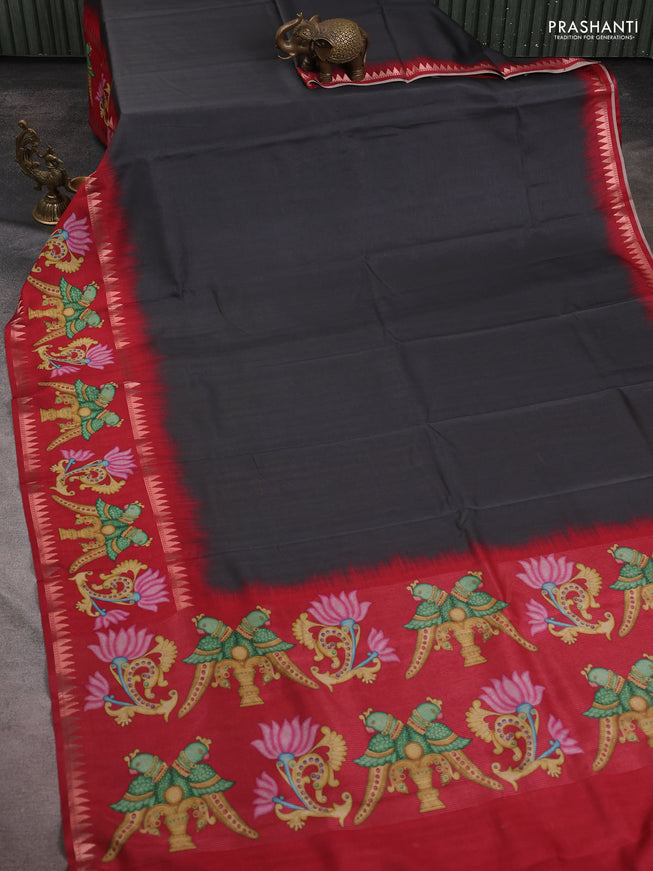 Art tussar saree dark grey and maroon with plain body and tanjore printed border