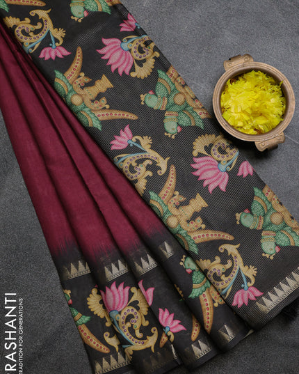 Art tussar saree wine shade and black with plain body and tanjore printed border