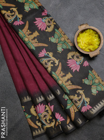 Art tussar saree wine shade and black with plain body and tanjore printed border