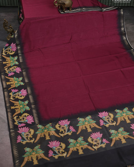 Art tussar saree wine shade and black with plain body and tanjore printed border