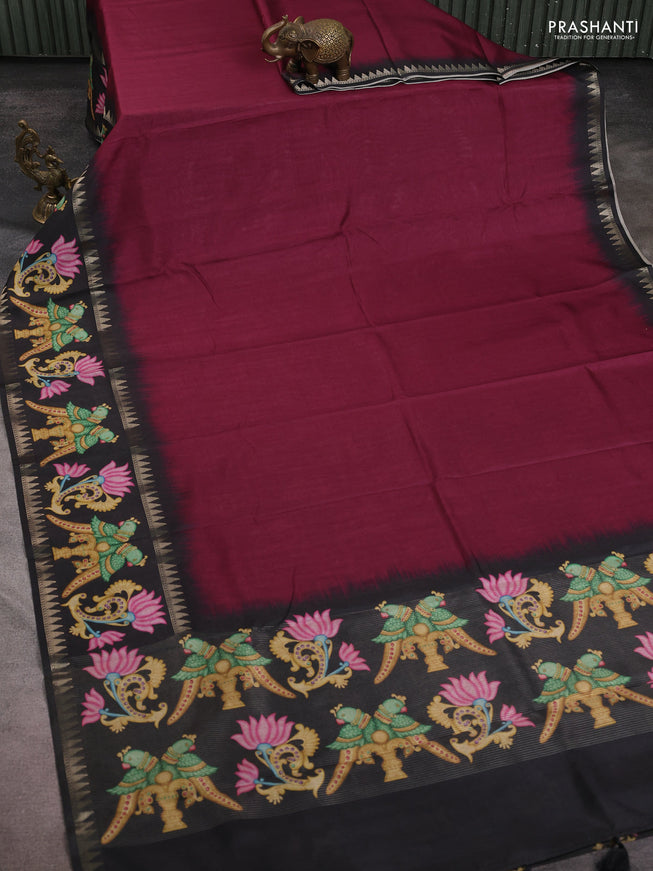 Art tussar saree wine shade and black with plain body and tanjore printed border