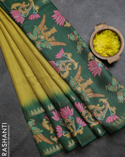 Art tussar saree lime green and green with plain body and tanjore printed border