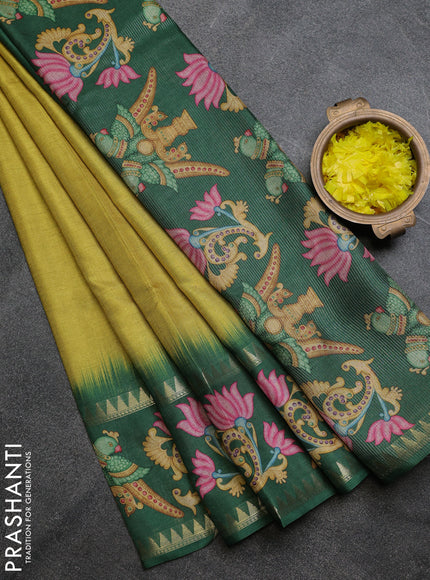 Art tussar saree lime green and green with plain body and tanjore printed border