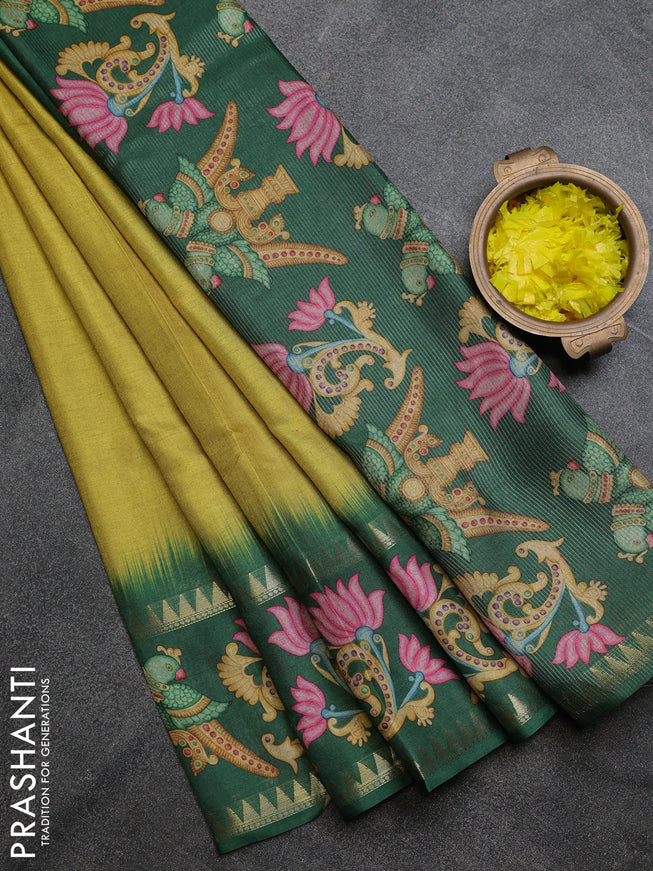 Art tussar saree lime green and green with plain body and tanjore printed border