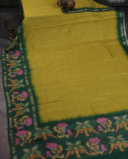 Art tussar saree lime green and green with plain body and tanjore printed border