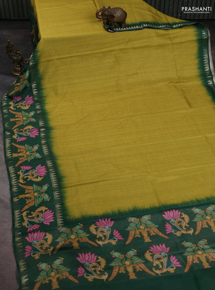 Art tussar saree lime green and green with plain body and tanjore printed border