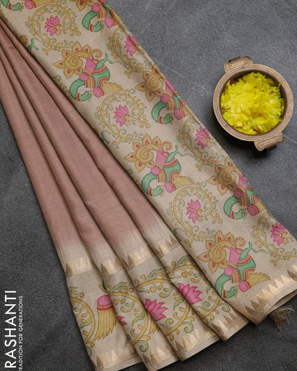 Art tussar saree brown and beige with plain body and tanjore printed border