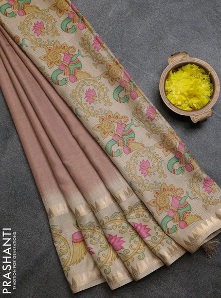 Art tussar saree brown and beige with plain body and tanjore printed border