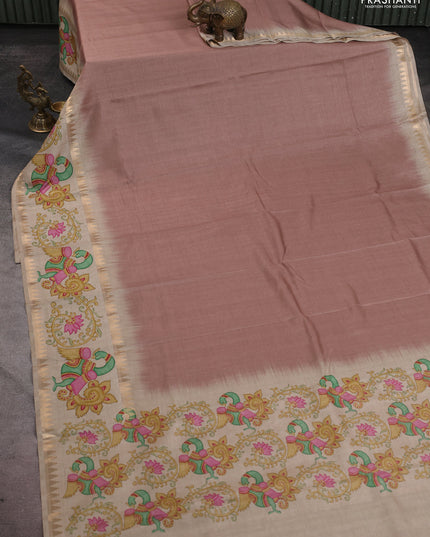 Art tussar saree brown and beige with plain body and tanjore printed border