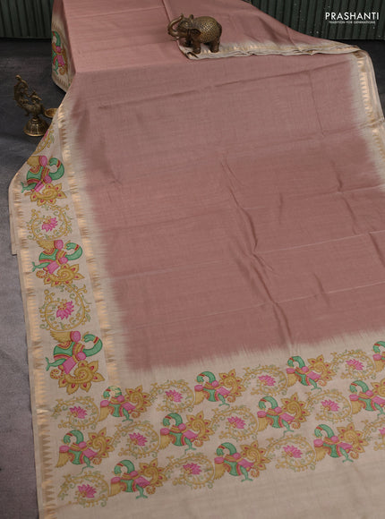 Art tussar saree brown and beige with plain body and tanjore printed border
