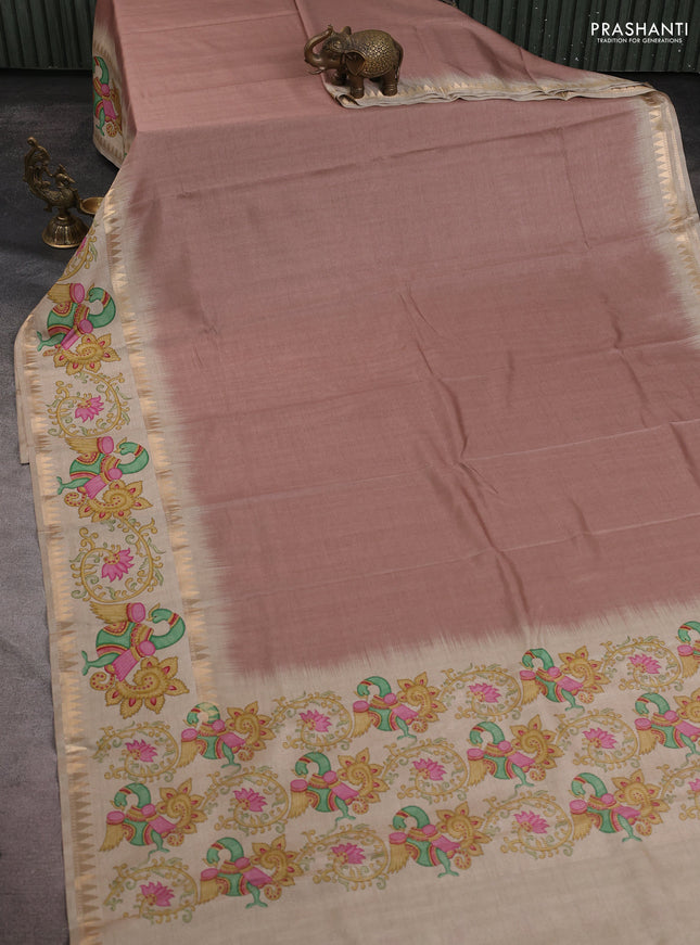 Art tussar saree brown and beige with plain body and tanjore printed border
