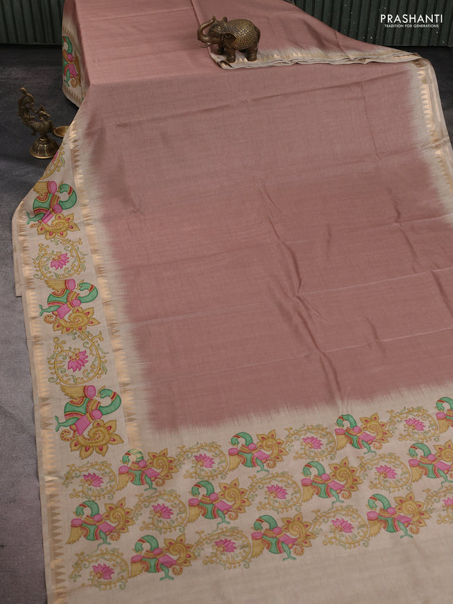 Art tussar saree brown and beige with plain body and tanjore printed border