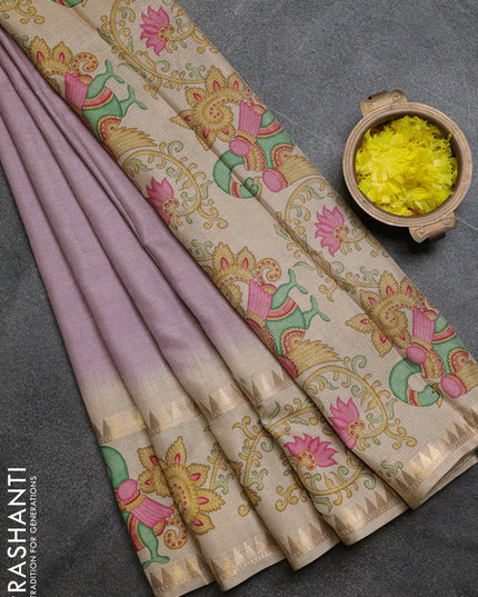 Art tussar saree pastel purple and beige with plain body and tanjore printed border