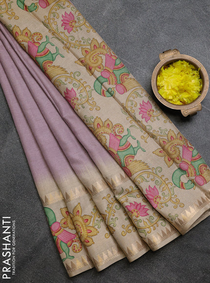 Art tussar saree pastel purple and beige with plain body and tanjore printed border