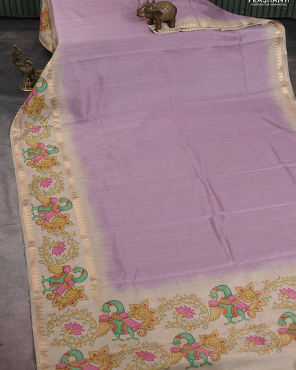 Art tussar saree pastel purple and beige with plain body and tanjore printed border