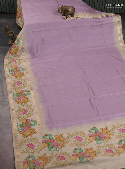 Art tussar saree pastel purple and beige with plain body and tanjore printed border