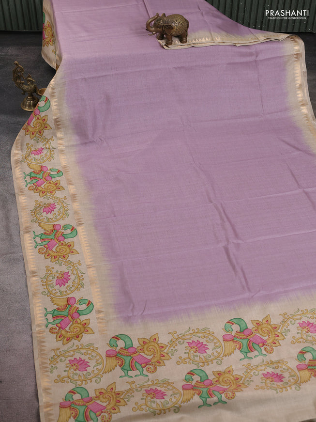 Art tussar saree pastel purple and beige with plain body and tanjore printed border