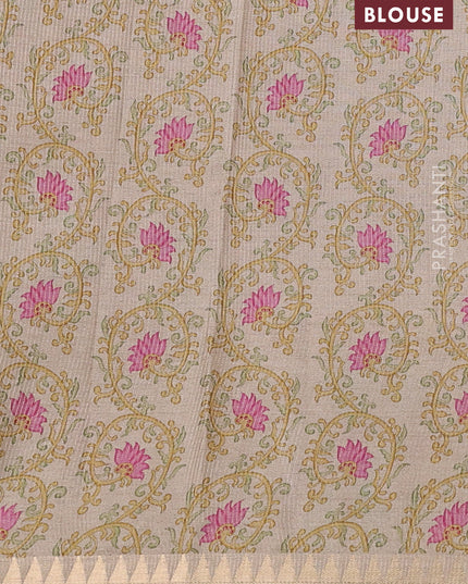 Art tussar saree pastel purple and beige with plain body and tanjore printed border