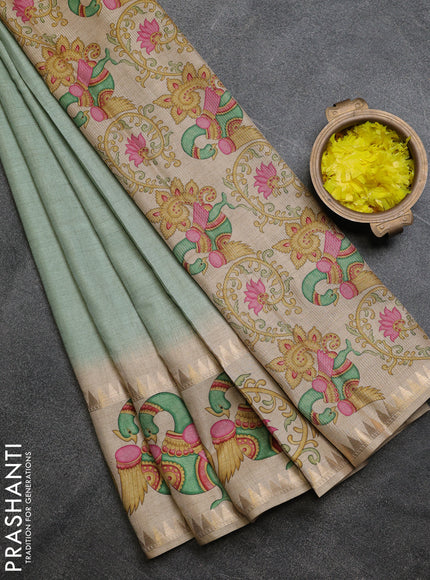 Art tussar saree pastel green and beige with plain body and tanjore printed border