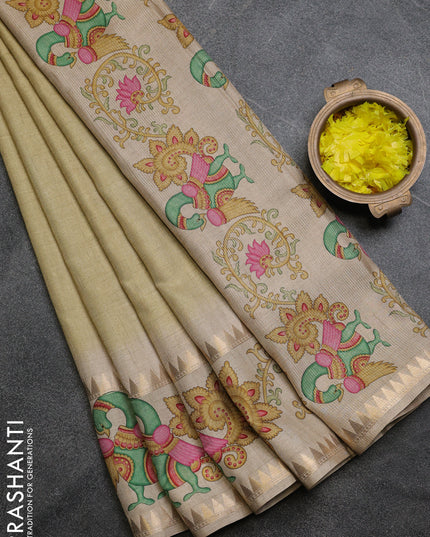Art tussar saree pale yellow and beige with plain body and tanjore printed border