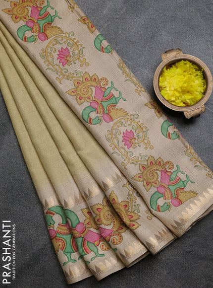 Art tussar saree pale yellow and beige with plain body and tanjore printed border
