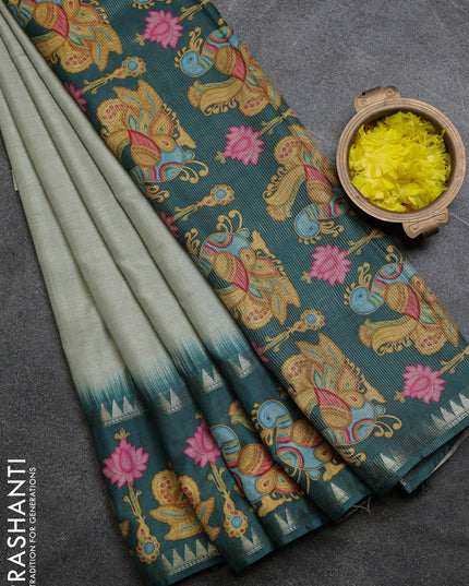 Art tussar saree pastel green and peacock green with plain body and tanjore printed border