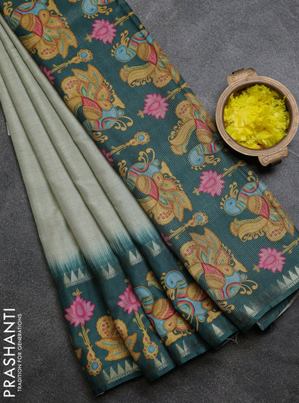 Art tussar saree pastel green and peacock green with plain body and tanjore printed border