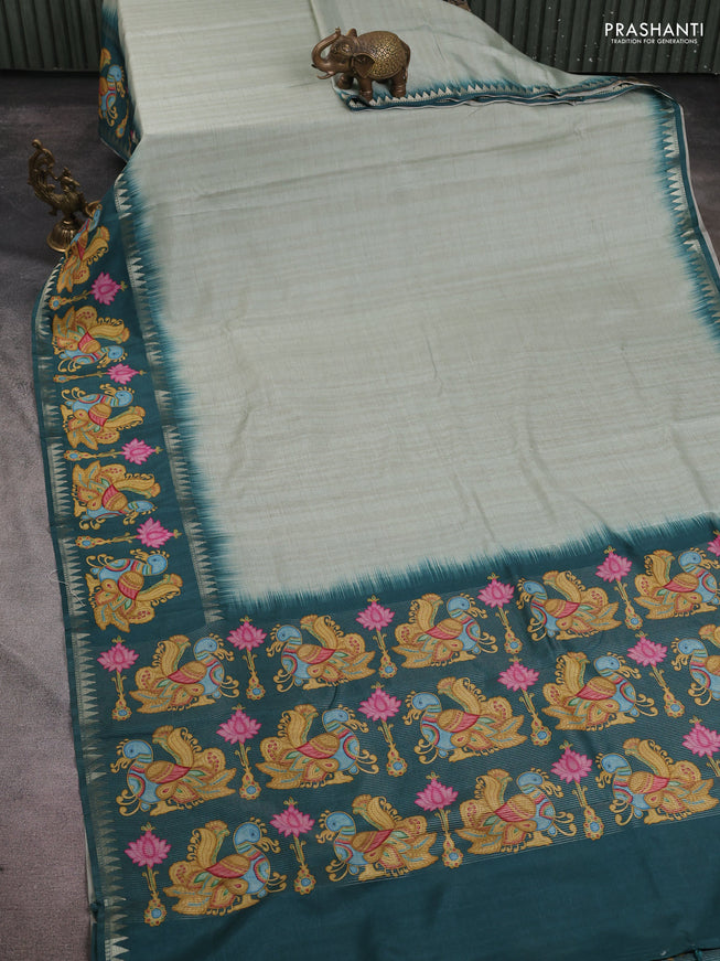 Art tussar saree pastel green and peacock green with plain body and tanjore printed border