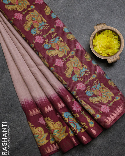 Art tussar saree peach shade and wine shade with plain body and tanjore printed border