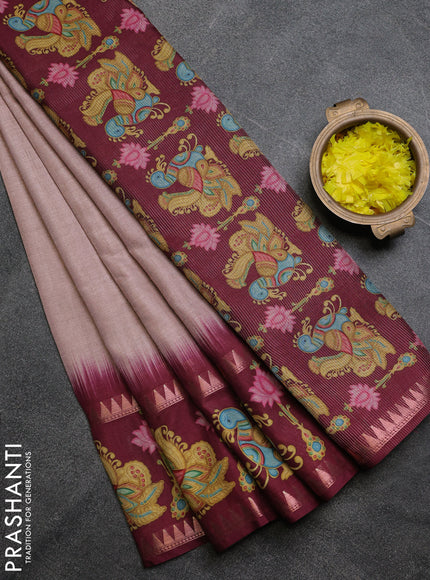 Art tussar saree peach shade and wine shade with plain body and tanjore printed border