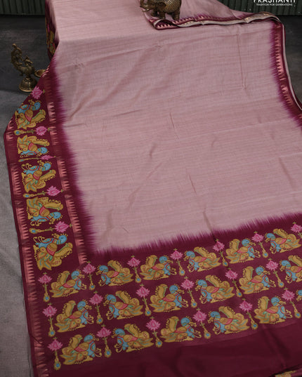 Art tussar saree peach shade and wine shade with plain body and tanjore printed border