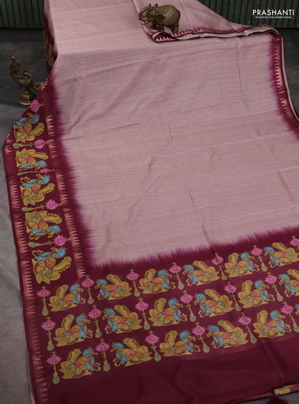 Art tussar saree peach shade and wine shade with plain body and tanjore printed border