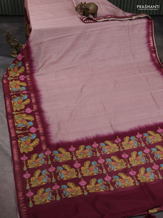 Art tussar saree peach shade and wine shade with plain body and tanjore printed border