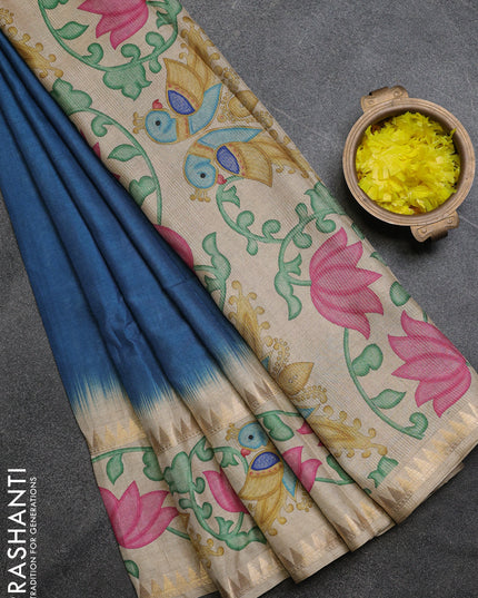 Art tussar saree peacock blue and beige with plain body and tanjore printed border