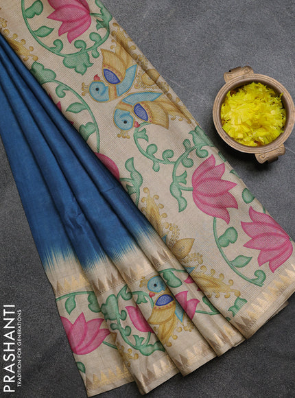 Art tussar saree peacock blue and beige with plain body and tanjore printed border