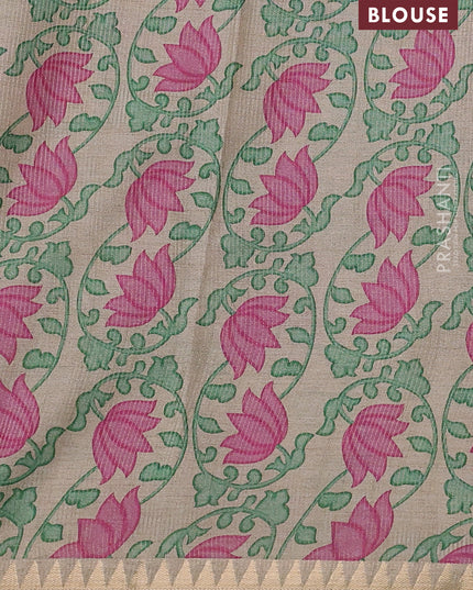 Art tussar saree peacock blue and beige with plain body and tanjore printed border