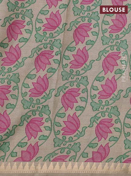 Art tussar saree peacock blue and beige with plain body and tanjore printed border
