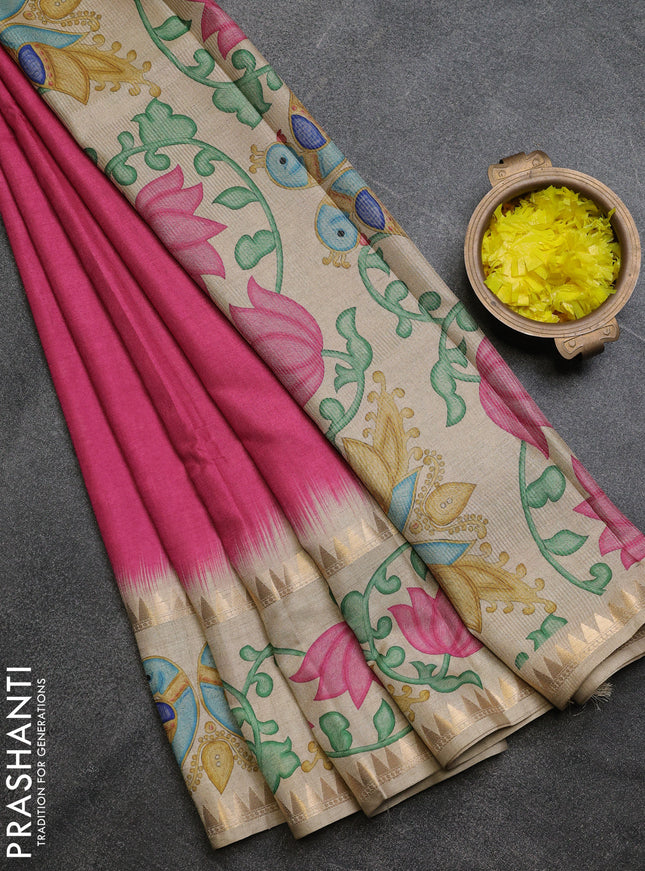 Art tussar saree pink and beige with plain body and tanjore printed border