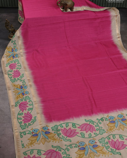 Art tussar saree pink and beige with plain body and tanjore printed border