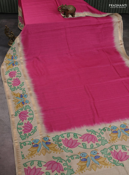 Art tussar saree pink and beige with plain body and tanjore printed border