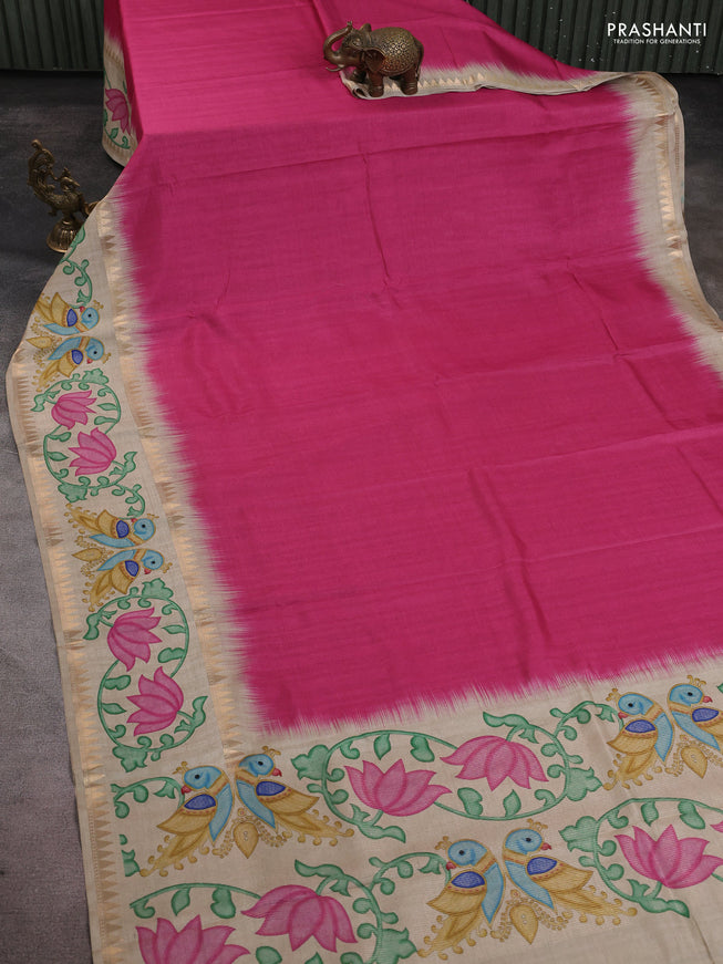 Art tussar saree pink and beige with plain body and tanjore printed border